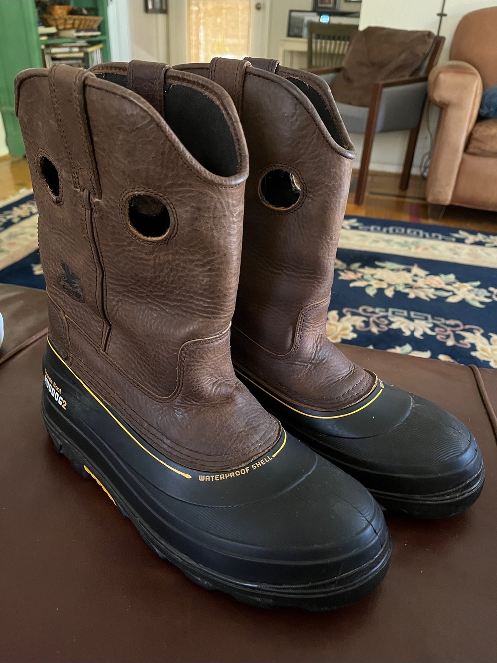 Georgia Boot Brown Leather Pull-On Waterproof Work Boots with Black Shell